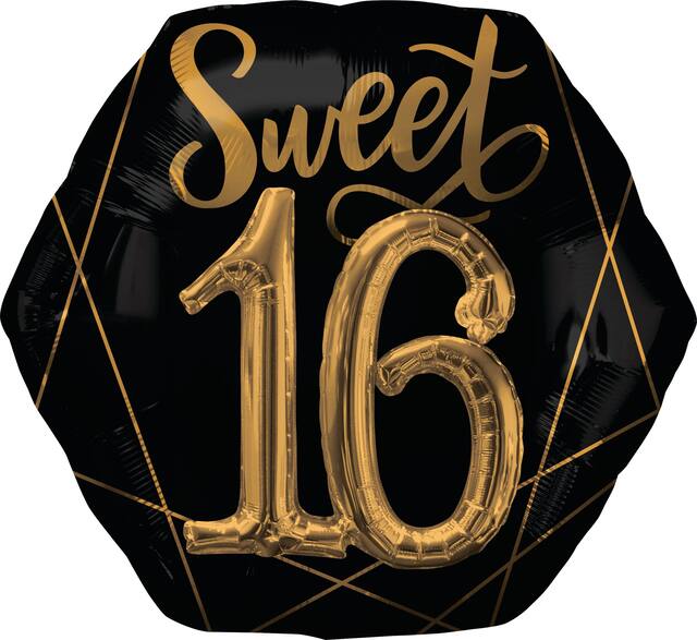 "Sweet 16" 3D Octagon Satin Foil Balloon, Black/Gold, 30-in, Helium Inflation & Ribbon Included for Birthday Party Front_Flat