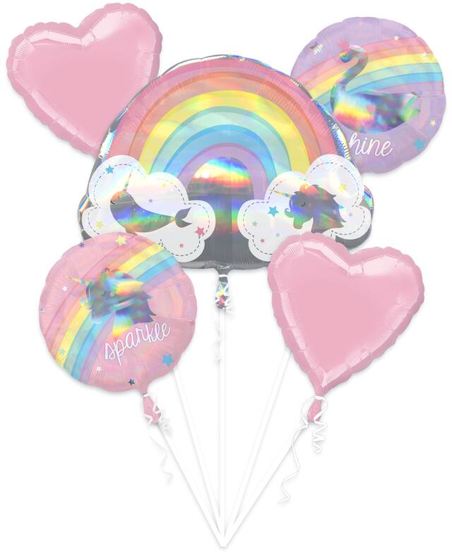 Magical Rainbow Birthday Foil Balloon Bouquet, Helium Inflation Included, 5-pc Front_Flat