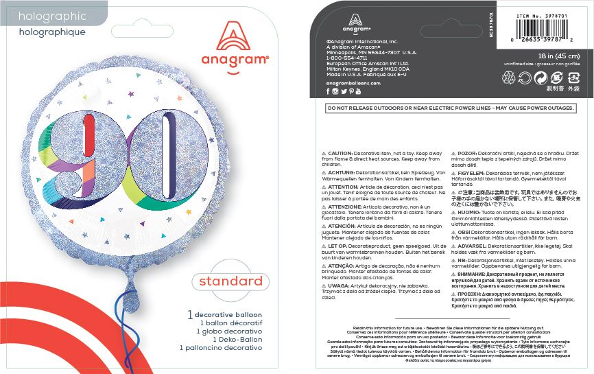 Prismatic Rainbow "90" Round Satin Foil Balloon, White/Silver, 18-in, Helium Inflation & Ribbon Included for Birthday Party Composite_or_Mixed