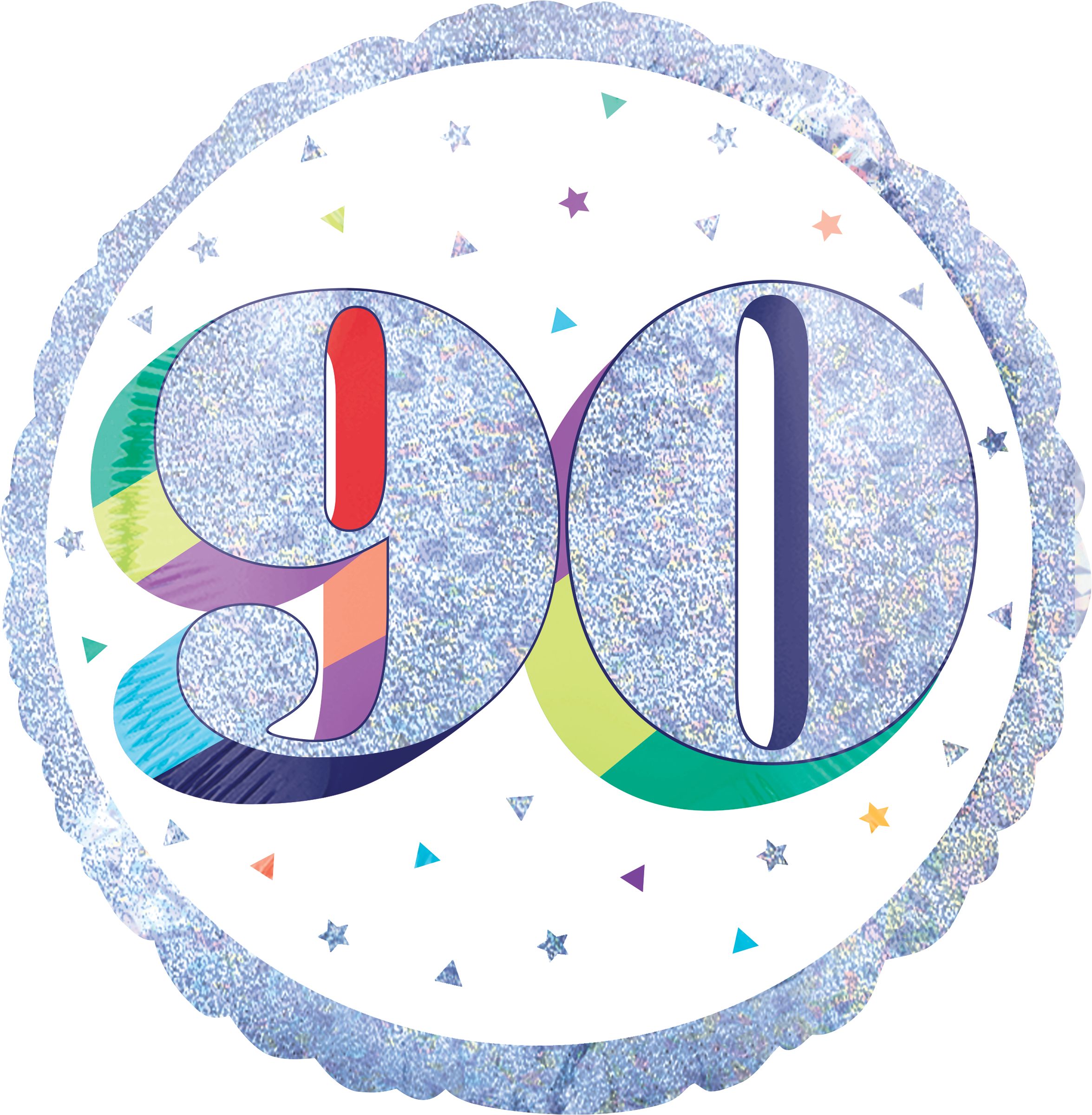 Prismatic Rainbow "90" Round Satin Foil Balloon, White/Silver, 18-in, Helium Inflation & Ribbon Included for Birthday Party Front_Flat