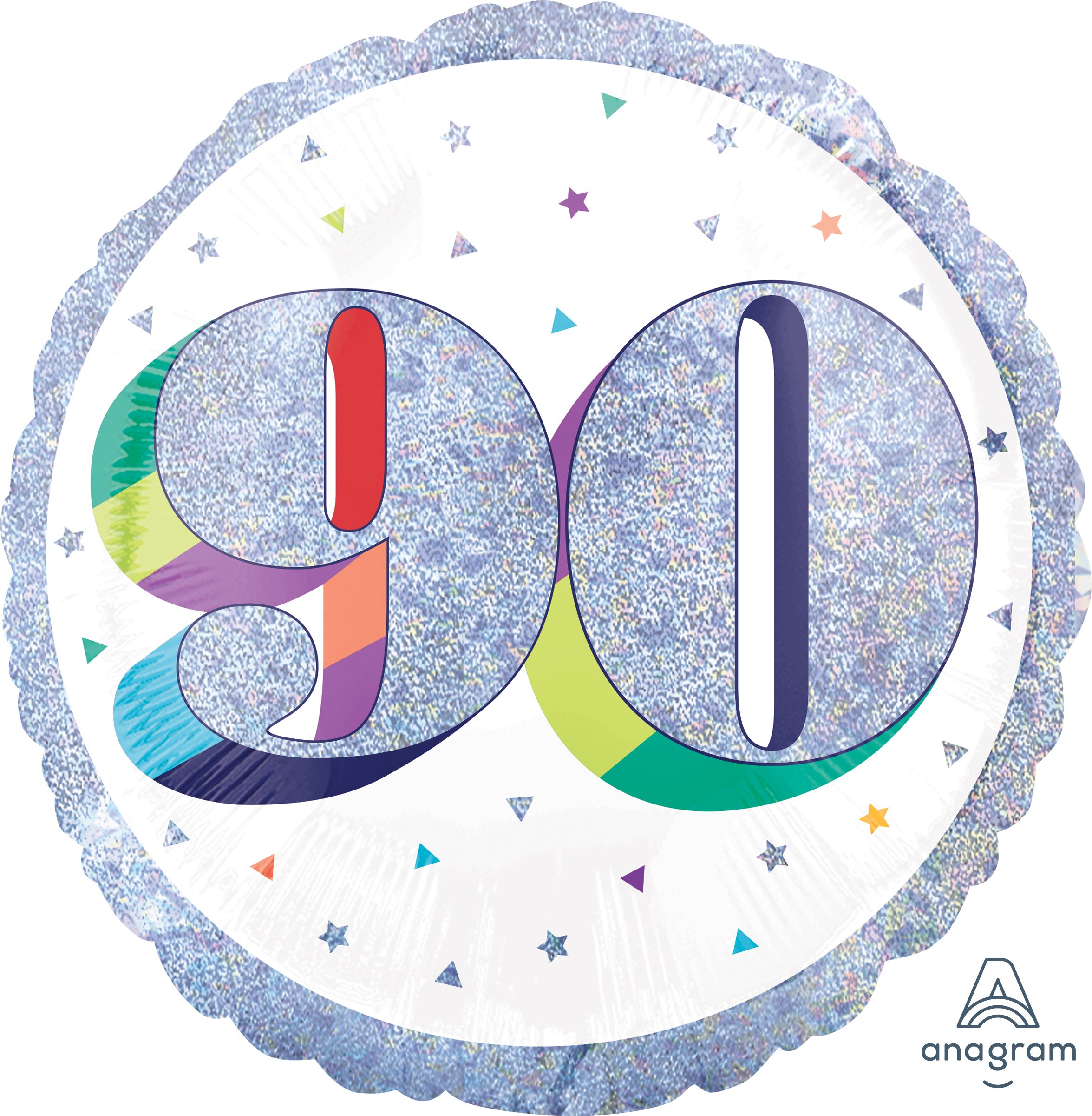 Prismatic Rainbow "90" Round Satin Foil Balloon, White/Silver, 18-in, Helium Inflation & Ribbon Included for Birthday Party Front_Flat