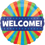 "Welcome" Round Satin Foil Balloon, Multi-Coloured, 17-in, Helium Inflation & Ribbon Included Front_Flat
