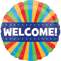 "Welcome" Round Satin Foil Balloon, Multi-Coloured, 17-in, Helium Inflation & Ribbon Included Front_Flat
