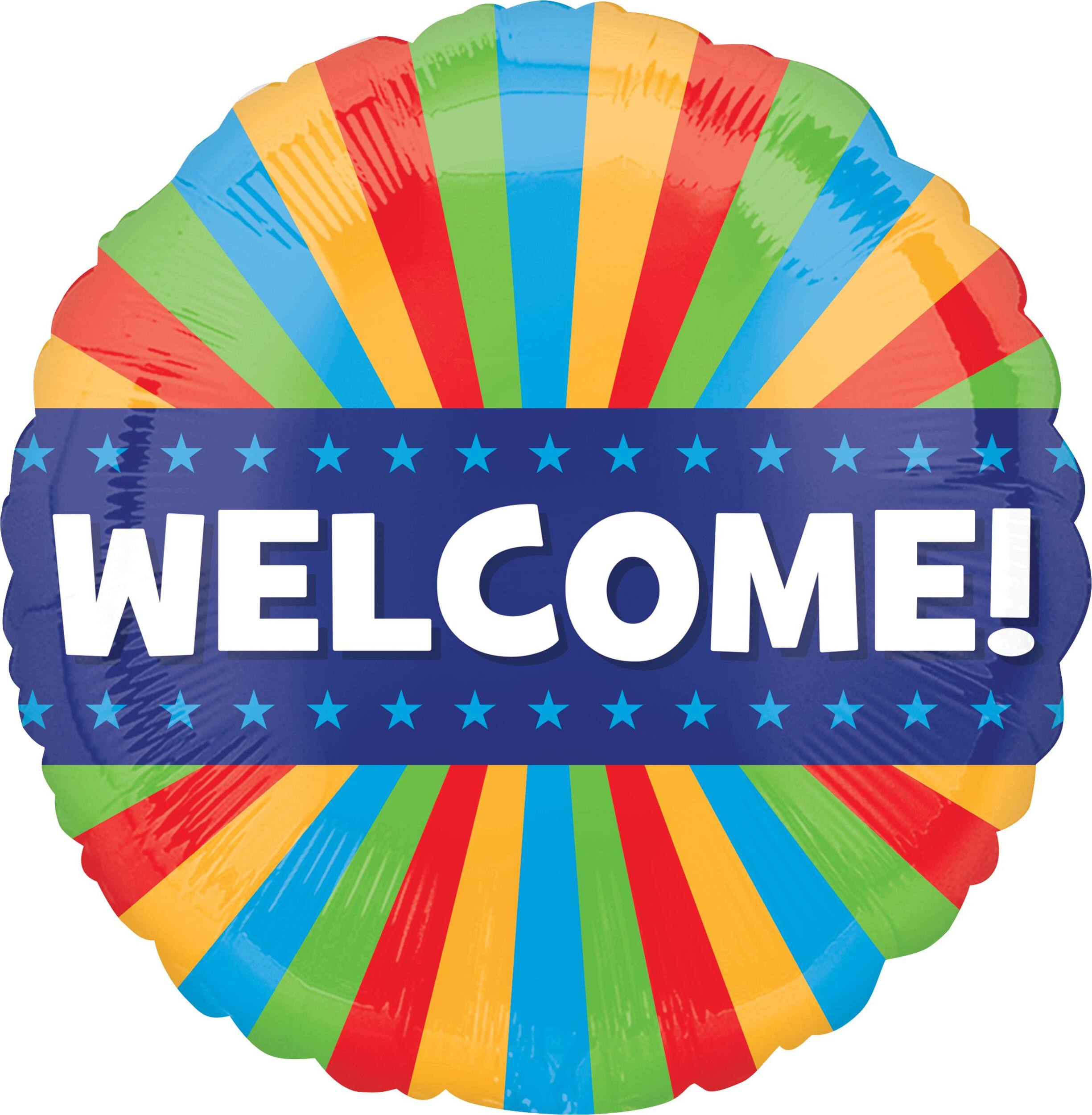 "Welcome" Round Satin Foil Balloon, Multi-Coloured, 17-in, Helium Inflation & Ribbon Included Front_Flat