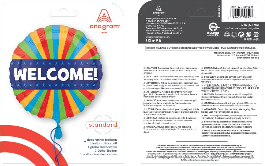 Ballon en aluminium satiné rond Welcome, multicolore, 17 po, ruban et gonflage hélium compris Composite_or_Mixed