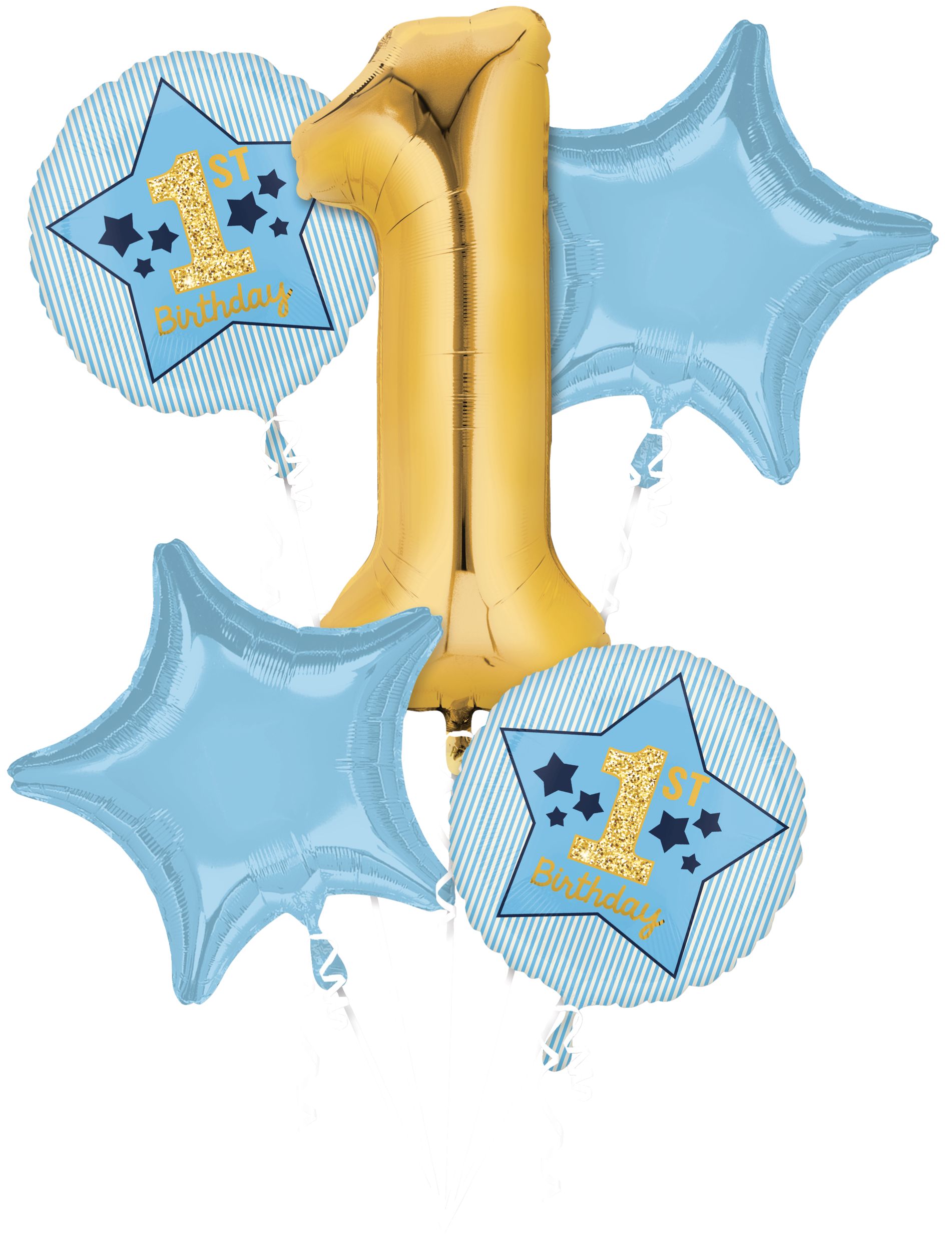 Bouquets de ballons en aluminium satiné étoile/rond 1st Birthday, bleu/or, paq. 5, gonflement à l'hélium et ruban inclus, pour fête d'anniversaire Front_Flat