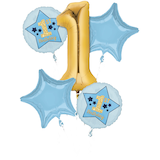 Bouquets de ballons en aluminium satiné étoile/rond 1st Birthday, bleu/or, paq. 5, gonflement à l'hélium et ruban inclus, pour fête d'anniversaire Front_Flat