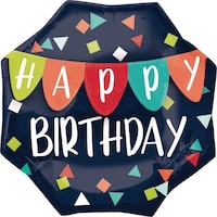 Ballon en aluminium satiné octogone Une raison de célébrer Happy Birthday, bleu marine/rouge, 22 po, ruban et gonflage hélium, pour fête d'anniversaire Front_Flat