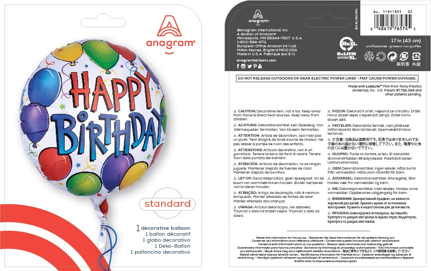 "Happy Birthday" Round Satin Foil Balloon, White/Multi-Coloured, Confetti, 17-in, Helium Inflation & Ribbon Included for Birthday Party Composite_or_Mixed