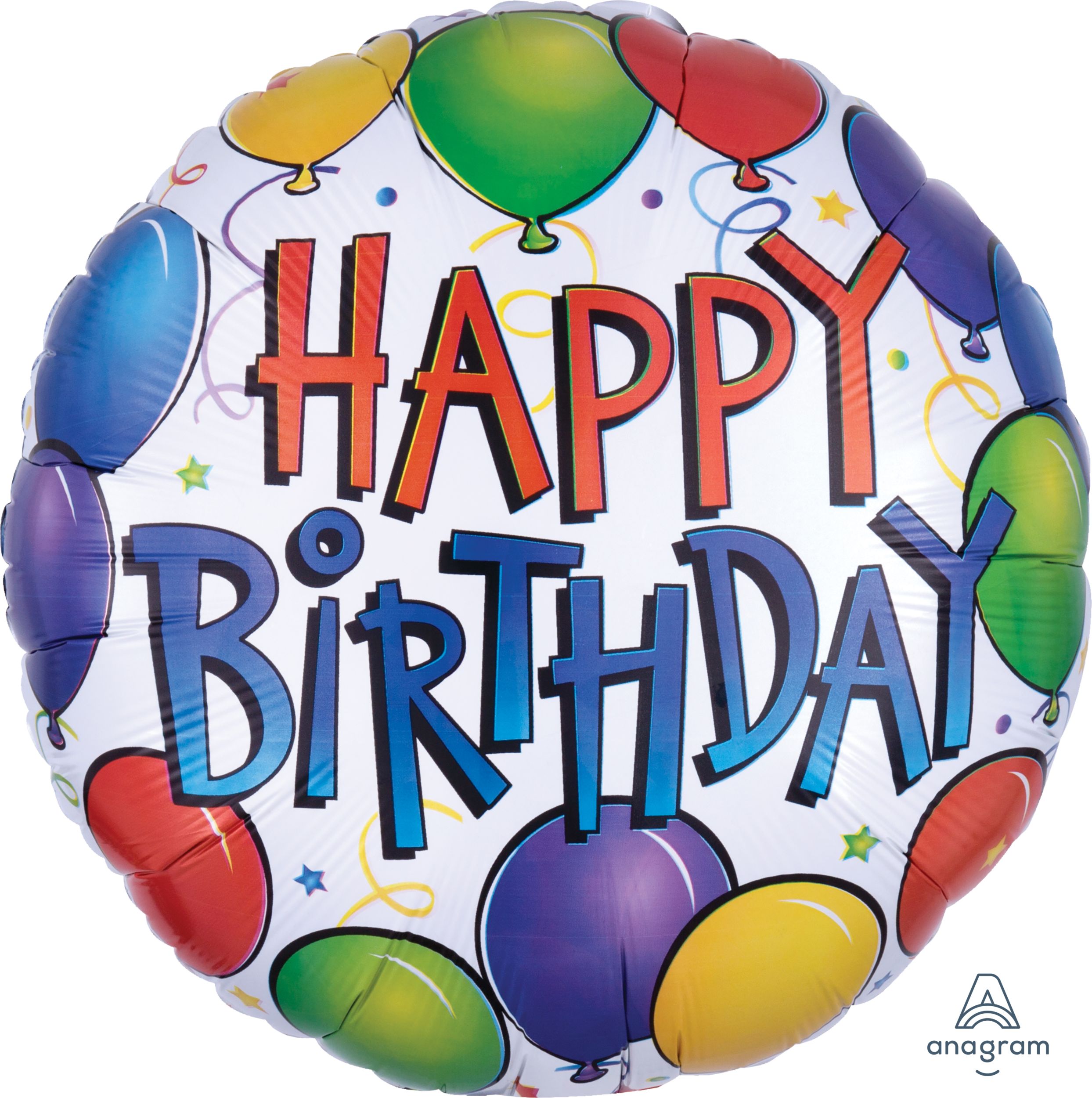 "Happy Birthday" Round Satin Foil Balloon, White/Multi-Coloured, Confetti, 17-in, Helium Inflation & Ribbon Included for Birthday Party Front_Flat