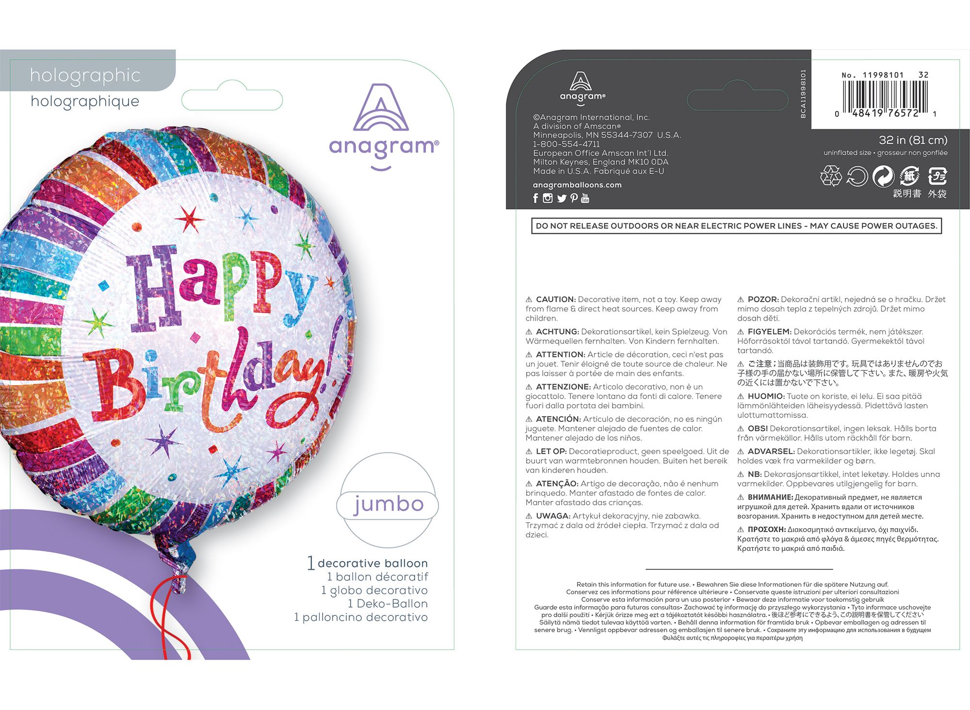 "Happy Birthday" Round Satin Foil Balloon, Multi-Coloured, Striped, 36-in, Helium Inflation & Ribbon Included for Birthday Party Composite_or_Mixed