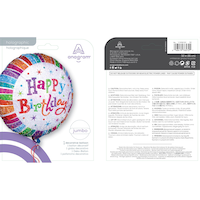 "Happy Birthday" Round Satin Foil Balloon, Multi-Coloured, Striped, 36-in, Helium Inflation & Ribbon Included for Birthday Party