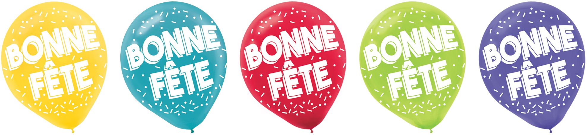 "Bonne Fête" French Round Latex Balloons, Yellow/Blue/Red/Green/Purple, Confetti, 12-in, 15-pk, for Birthday Party Front_Flat