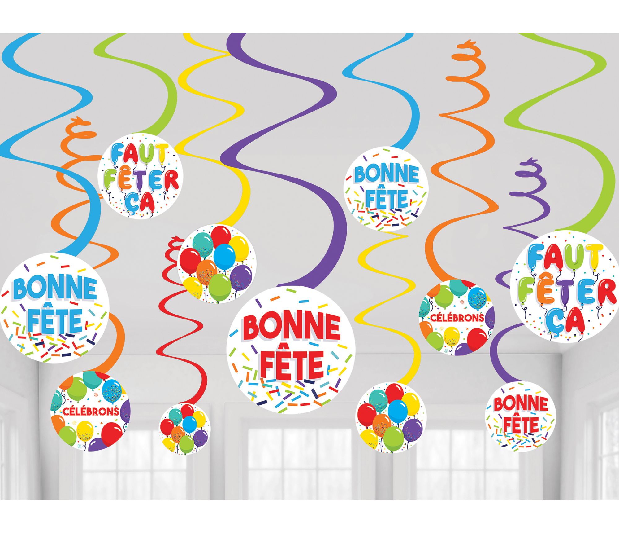 Birthday Balloon "Bonne Fête" French Swirl Hanging Decorations, Multi-Coloured, 10-in, 12-pk, for Birthday Party Front_Flat