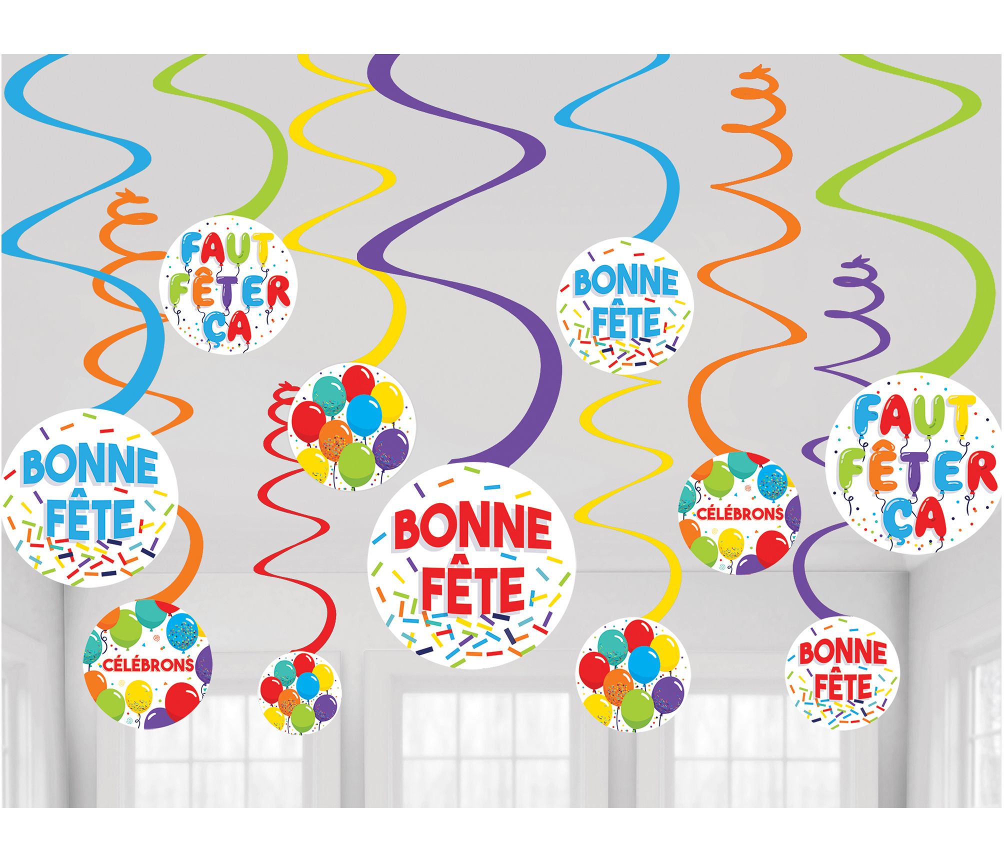 Birthday Balloon "Bonne Fête" French Swirl Hanging Decorations, Multi-Coloured, 10-in, 12-pk, for Birthday Party Bottom_Plunge