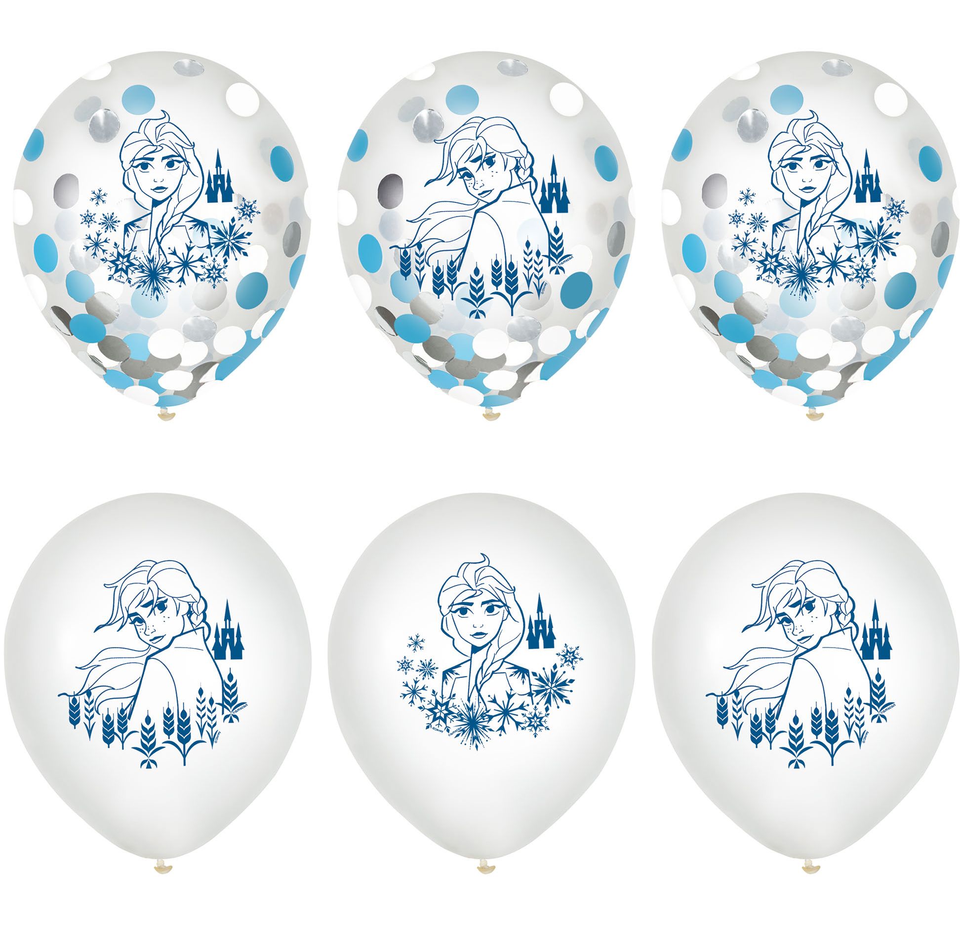Disney Frozen Elsa Round Transparent Confetti Latex Balloons, Blue/White, 12-in, 6-pk, for Birthday Party Front_Flat