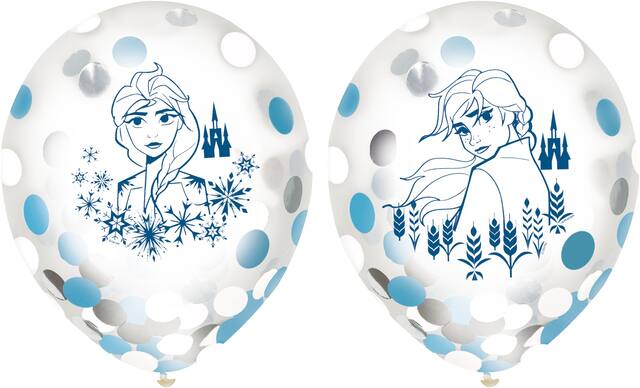 Disney Frozen Elsa Round Transparent Confetti Latex Balloons, Blue/White, 12-in, 6-pk, for Birthday Party Front_Flat