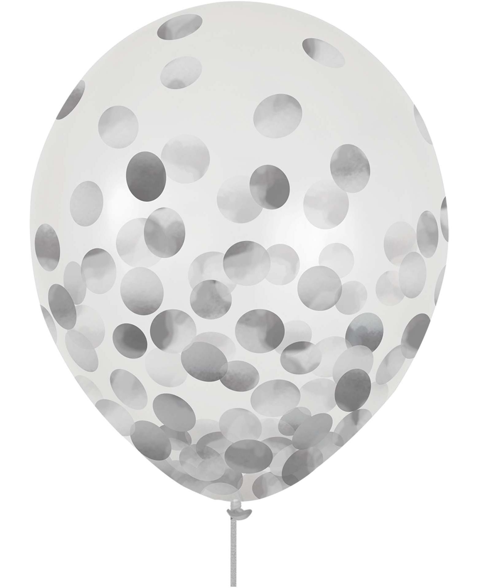 Ballons en latex ronds confettis transparents, argent, 12 po, paq. 6, pour fête d'anniversaire Front_Flat