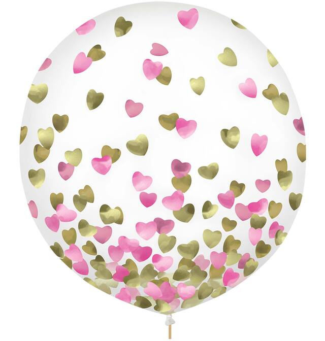 Ballons en latex ronds confettis transparents, rose métallique/or, coeur, 24 po, paq. 2, pour fête prénatale/fête d'anniversaire Front_Flat