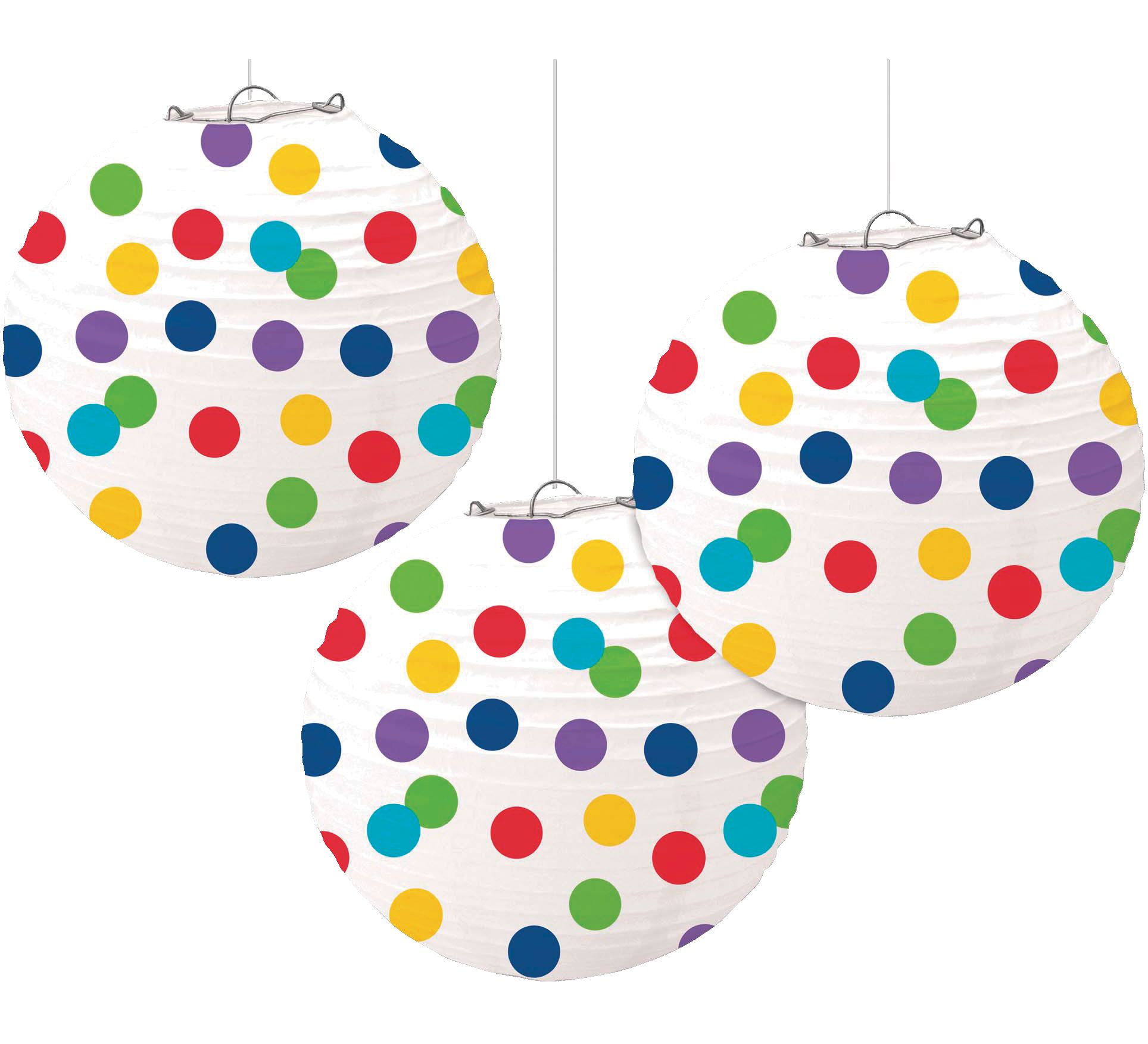 Paper Lantern Hanging Decorations, Multi-Coloured, Polka Dot, 11-in, 3-pk, for Birthday Party Front_Flat