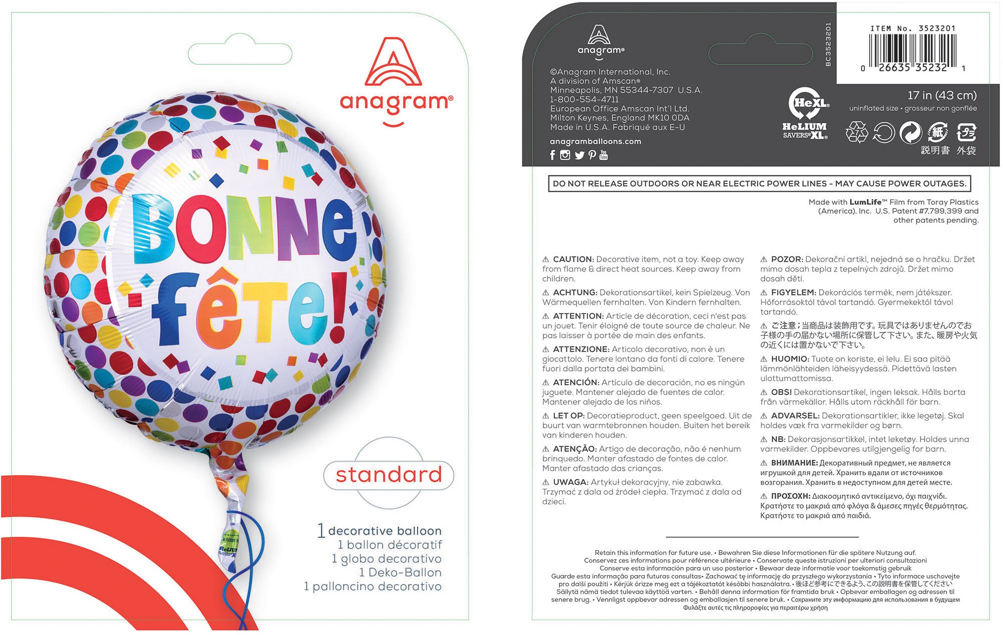 Ballon en aluminium satiné rond français Bonne Fête, multicolore, à pois, 18 po, gonflement à l'hélium et ruban inclus, pour fête d'anniversaire Composite_or_Mixed