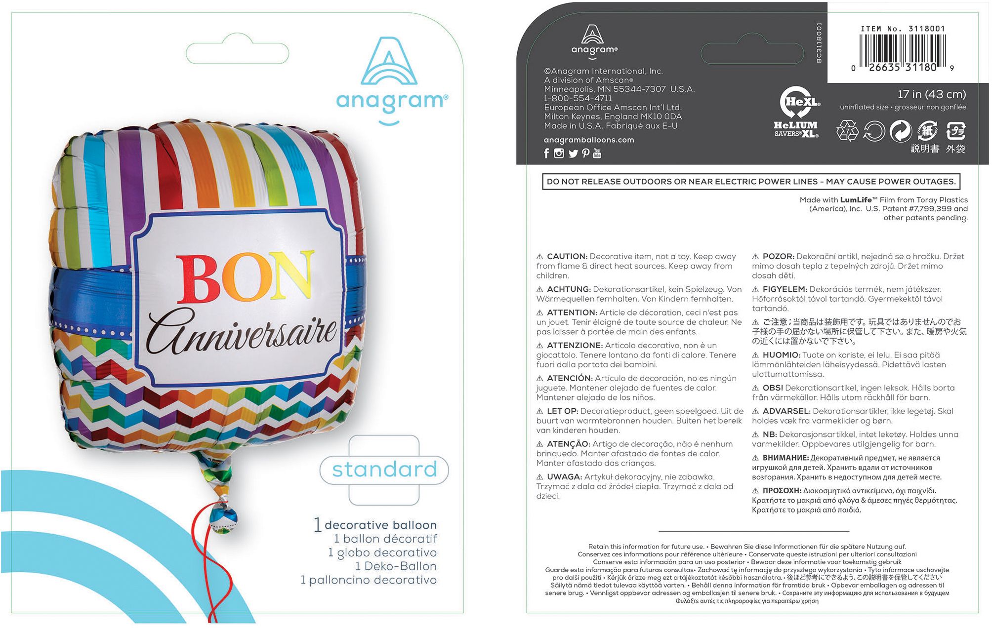 Ballon en aluminium satiné carré français Bonne Fête, multicolore, rayé, 18 po, gonflement à l'hélium et ruban inclus, pour fête d'anniversaire Composite_or_Mixed