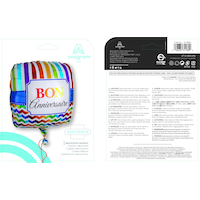 "Bon Anniversaire" French Square Satin Foil Balloon, Multi-Coloured, Striped, 18-in, Helium Inflation & Ribbon Included for Birthday Party