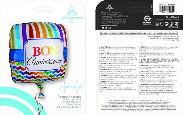 Ballon en aluminium satiné carré français Bonne Fête, multicolore, rayé, 18 po, gonflement à l'hélium et ruban inclus, pour fête d'anniversaire Composite_or_Mixed