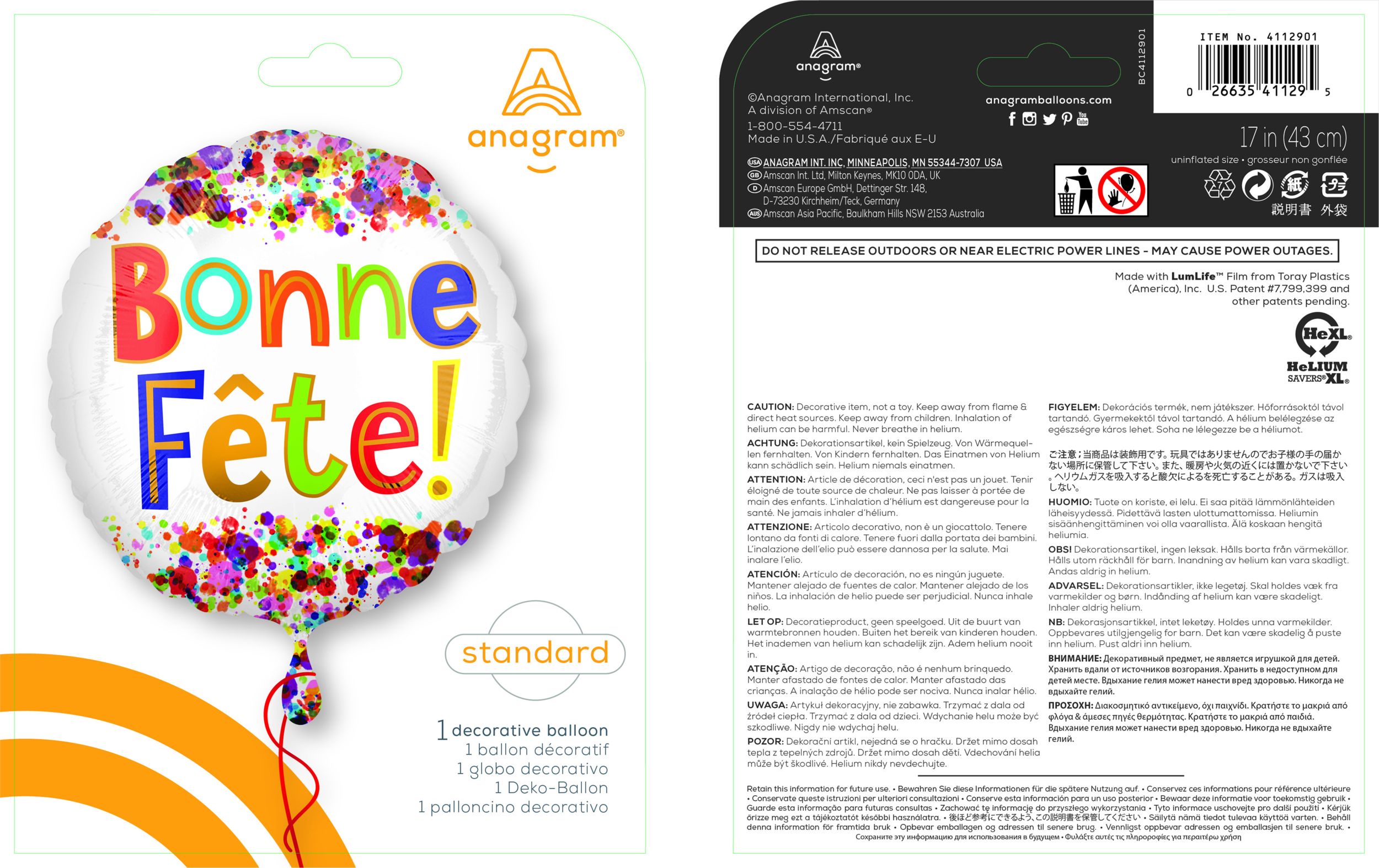 Ballon en aluminium satiné rond français Bonne Fête, blanc/multicolore, à pois, 18 po, gonflement à l'hélium et ruban inclus, pour fête d'anniversaire Composite_or_Mixed