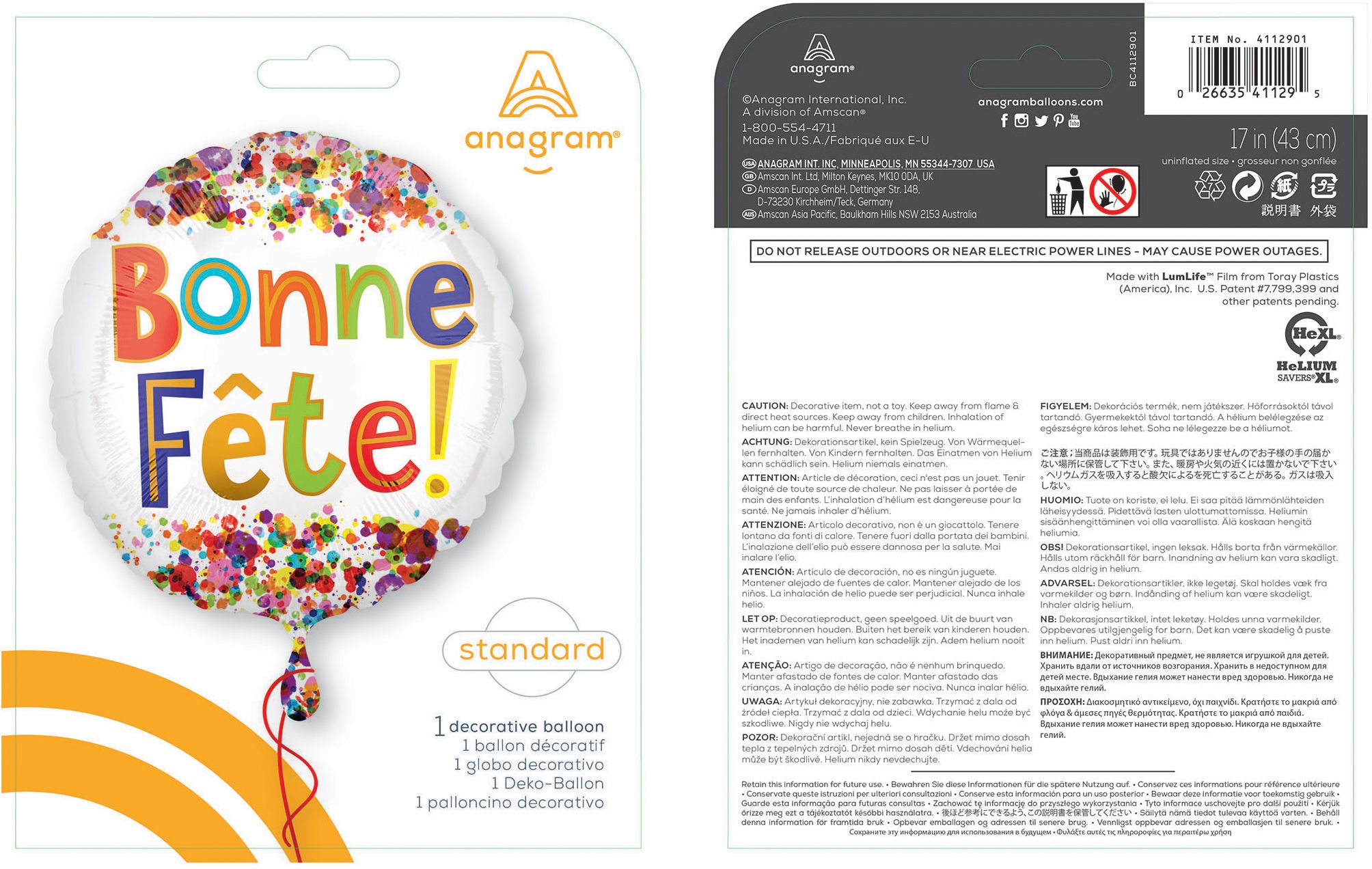 Ballon en aluminium satiné rond français Bonne Fête, blanc/multicolore, à pois, 18 po, gonflement à l'hélium et ruban inclus, pour fête d'anniversaire Composite_or_Mixed