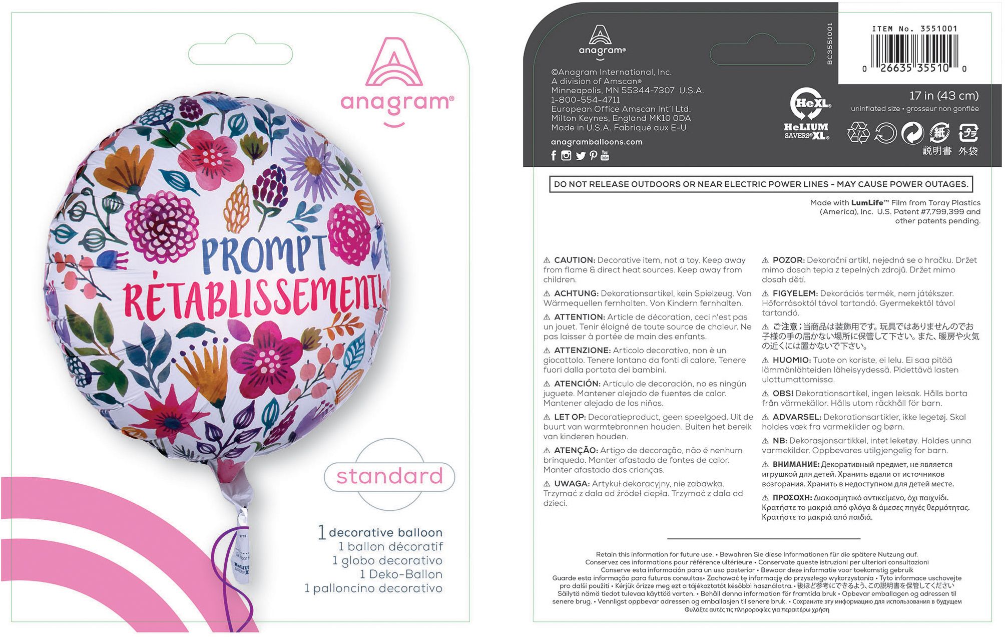 "Prompt Rétablissement" French Round Satin Foil Balloon, Multi-Coloured, Floral, 18-in, Helium Inflation & Ribbon Included Composite_or_Mixed