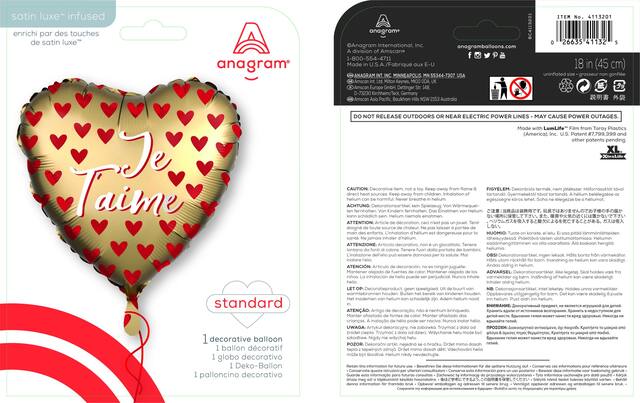 Ballon en aluminium satiné français Je T'aime, coeur, or/rouge, 18 po, gonflement à l'hélium et ruban inclus, pour Saint-Valentin/anniversaire Composite_or_Mixed
