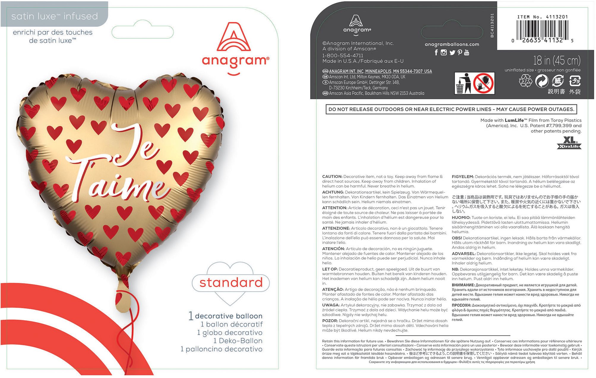Ballon en aluminium satiné français Je T'aime, coeur, or/rouge, 18 po, gonflement à l'hélium et ruban inclus, pour Saint-Valentin/anniversaire Composite_or_Mixed