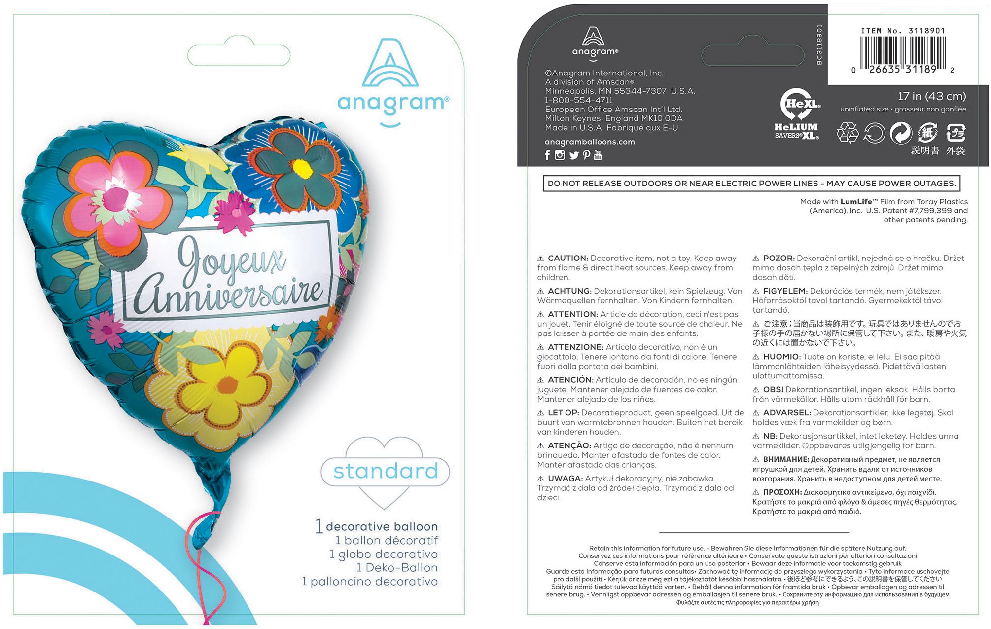 "Joyeux Anniversaire" French Heart Satin Foil Balloon, Multi-Coloured, Floral, 18-in, Helium Inflation & Ribbon Included for Birthday Party Composite_or_Mixed