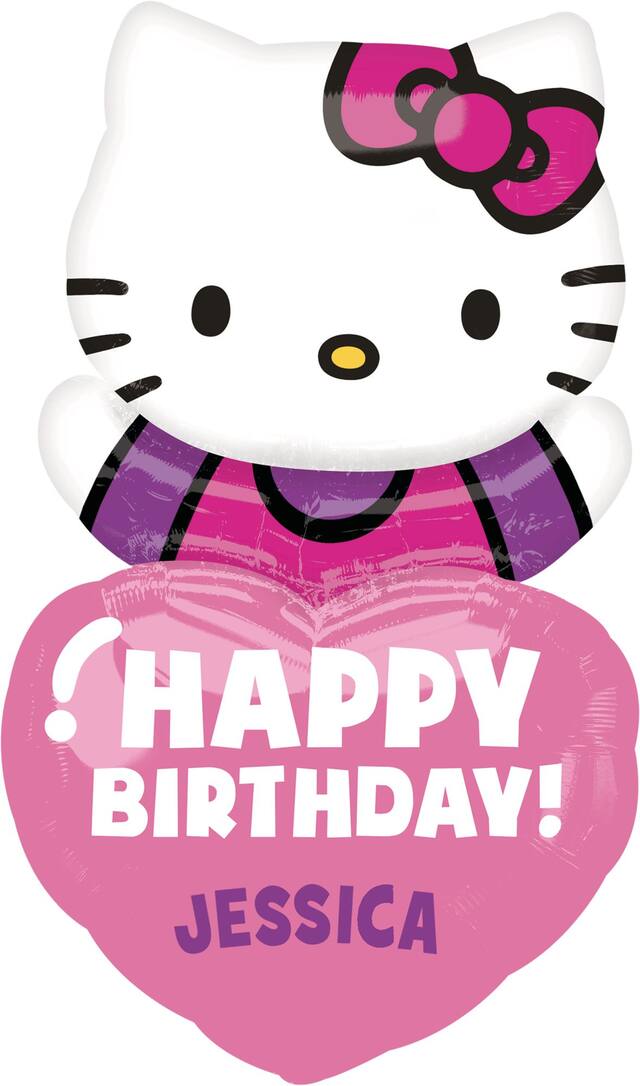 Personalized Happy Birthday Hello Kitty Heart Foil Balloon, Helium Inflation Included, 32-in Front_Flat