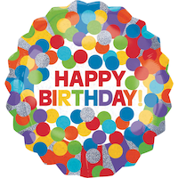 "Happy Birthday" Round Satin Foil Balloon, Multi-Coloured, Polka Dot, 21-in, Helium Inflation & Ribbon Included for Birthday Party Front_Flat