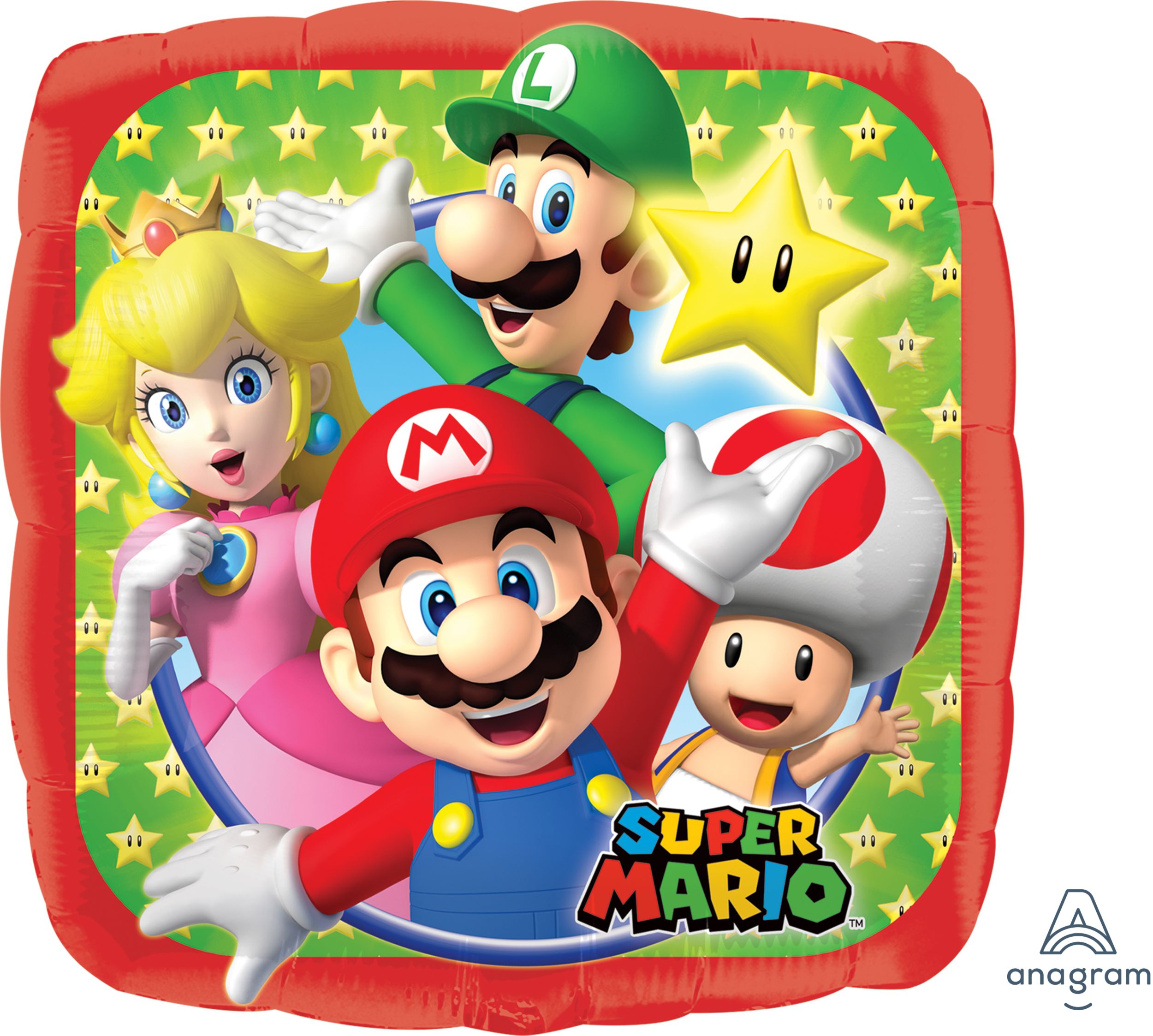 Nintendo Super Mario Bros Luigi/Toad/Princess Peach Square Satin Foil Balloon, Red/Green, 17-in, Helium Inflation & Ribbon Included for Birthday Party Front_Flat