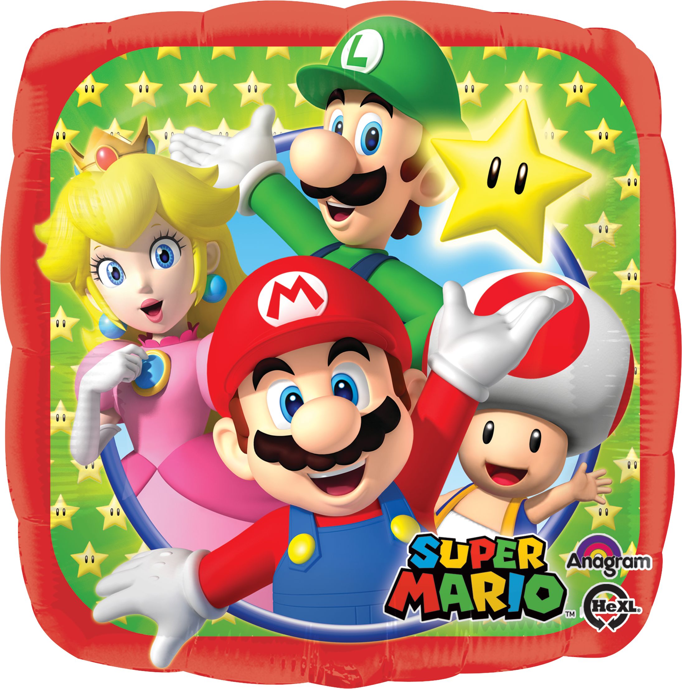 Nintendo Super Mario Bros Luigi/Toad/Princess Peach Square Satin Foil Balloon, Red/Green, 17-in, Helium Inflation & Ribbon Included for Birthday Party Front_Flat