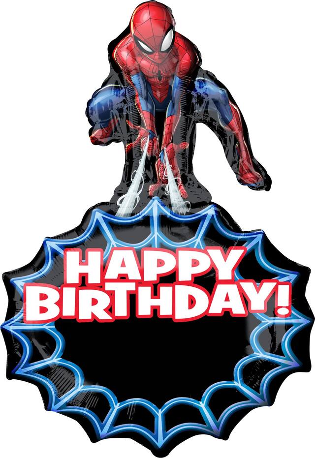 Ballon en aluminium satiné Disney Marvel Spider-Man Happy Birthday, rouge/bleu, 34 po, gonflement à l'hélium et ruban inclus, pour fête d'anniversaire Front_Flat