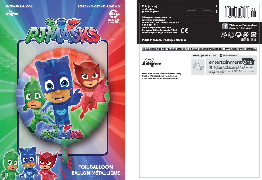 PJ Masks Catboy/Owlette/Gekko Round Satin Foil Balloon, Blue/Green/Red, 18-in, Helium Inflation & Ribbon Included for Birthday Party Composite_or_Mixed