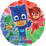 PJ Masks Catboy/Owlette/Gekko Round Satin Foil Balloon, Blue/Green/Red, 18-in, Helium Inflation & Ribbon Included for Birthday Party Front_Flat