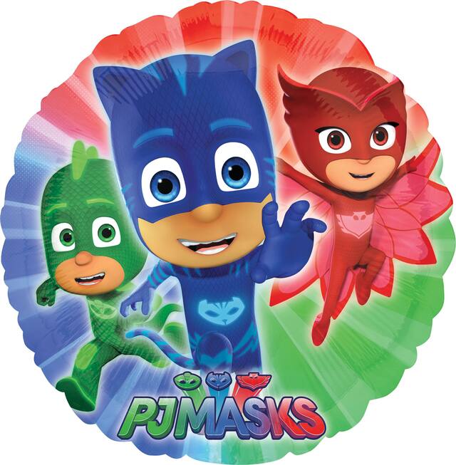 PJ Masks Catboy/Owlette/Gekko Round Satin Foil Balloon, Blue/Green/Red, 18-in, Helium Inflation & Ribbon Included for Birthday Party Front_Flat