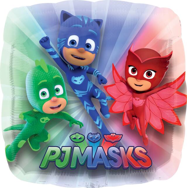 PJ Masks Catboy/Owlette/Gekko Square Satin Foil Balloon, Blue/Green/Red, 29-in, Helium Inflation & Ribbon Included for Birthday Party Front_Flat