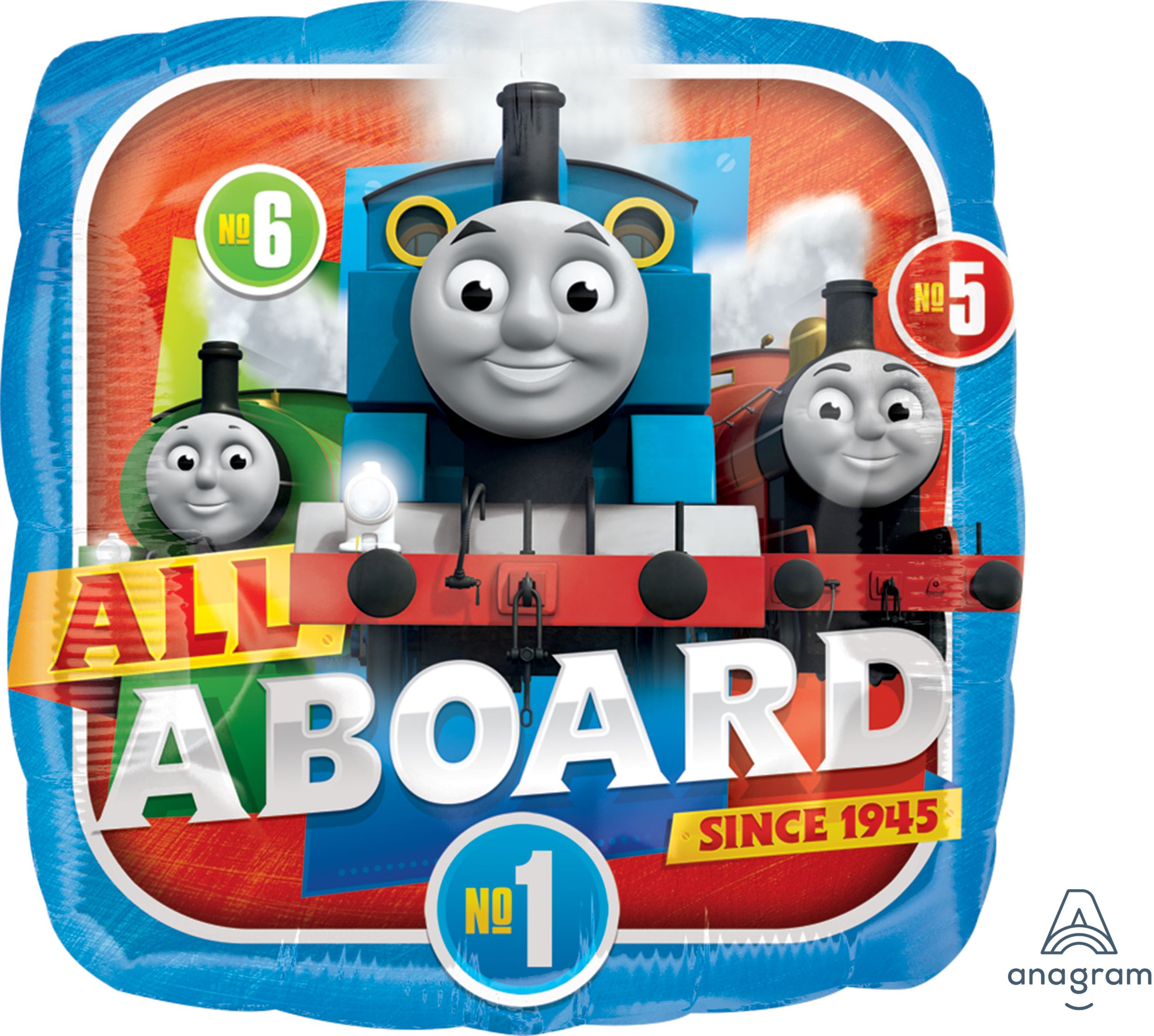 Thomas & Friends Thomas The Tank "All Aboard" Square Satin Foil Balloon, Blue/Red, 18-in, Helium Inflation & Ribbon Included for Birthday Party Front_Flat
