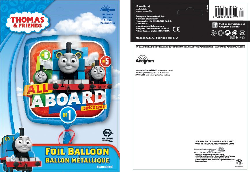 Thomas & Friends Thomas The Tank "All Aboard" Square Satin Foil Balloon, Blue/Red, 18-in, Helium Inflation & Ribbon Included for Birthday Party Composite_or_Mixed