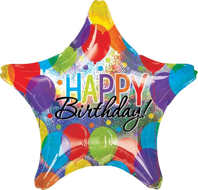 "Happy Birthday" Star Satin Foil Balloon, Multi-Coloured, 28-in, Helium Inflation & Ribbon Included for Birthday Party Front_Flat