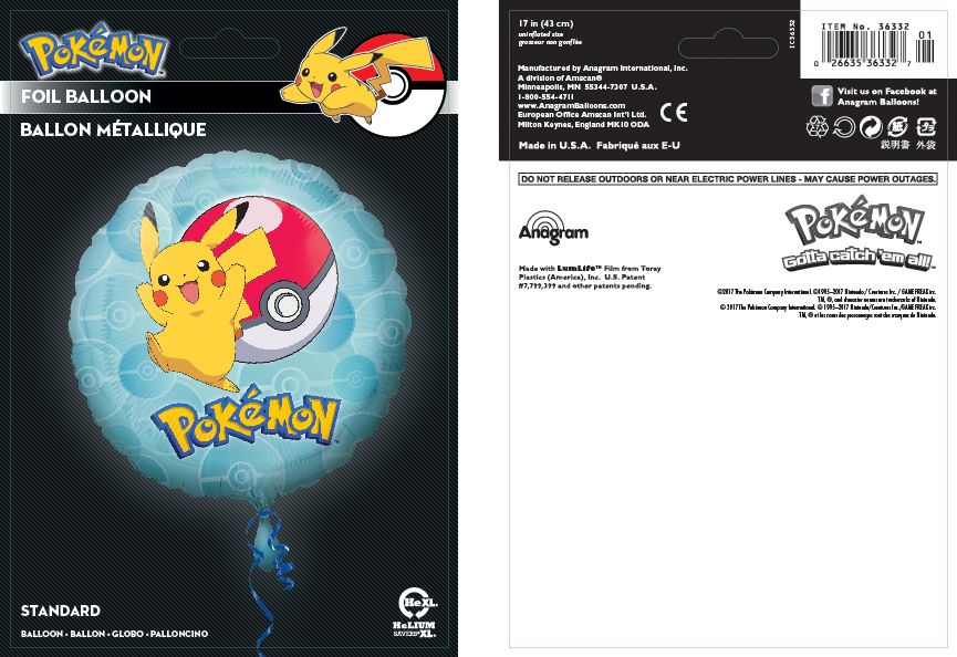 Nintendo Pokémon Pikachu Round Satin Foil Balloon, Blue/Yellow, 17-in, Helium Inflation & Ribbon Included for Birthday Party Composite_or_Mixed