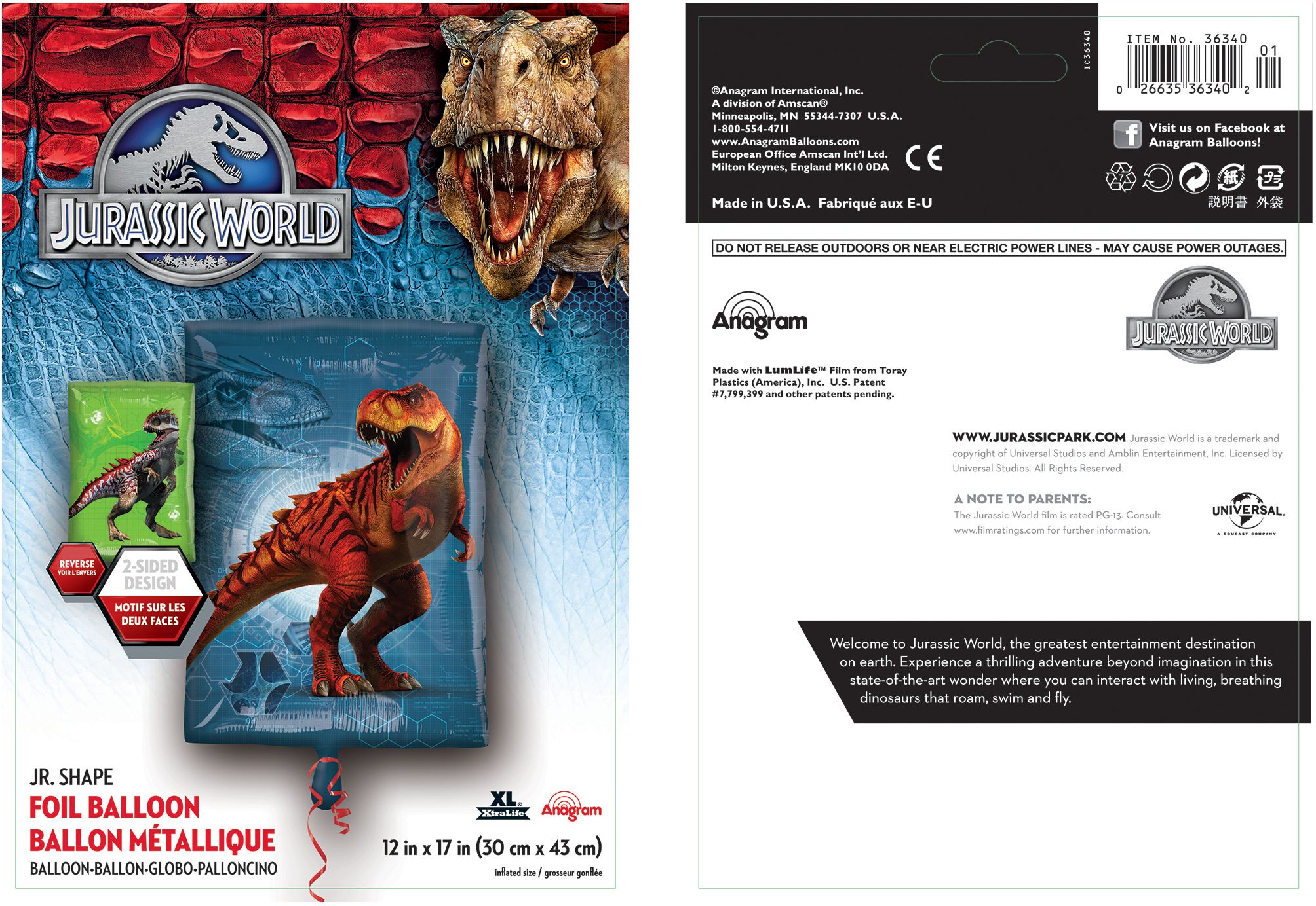 Jurassic World T-Rex Dinosaur Rectangle Satin Foil Balloon, Green/Blue, 21-in, Helium Inflation & Ribbon Included for Birthday Party Composite_or_Mixed