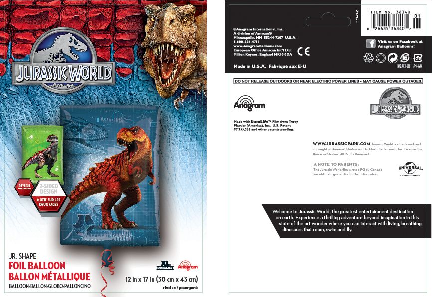 Jurassic World T-Rex Dinosaur Rectangle Satin Foil Balloon, Green/Blue, 21-in, Helium Inflation & Ribbon Included for Birthday Party Composite_or_Mixed