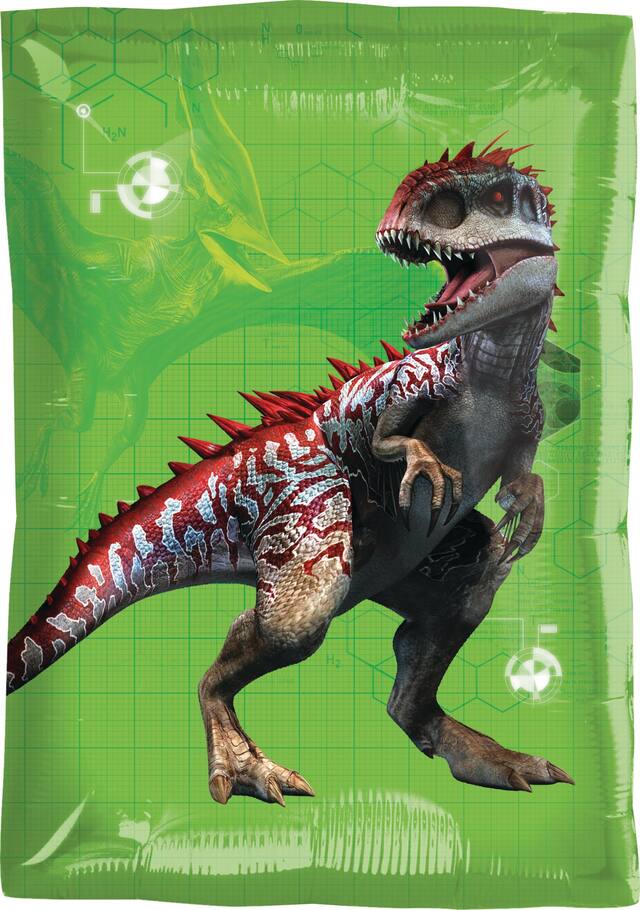 Jurassic World T-Rex Dinosaur Rectangle Satin Foil Balloon, Green/Blue, 21-in, Helium Inflation & Ribbon Included for Birthday Party Front_Flat